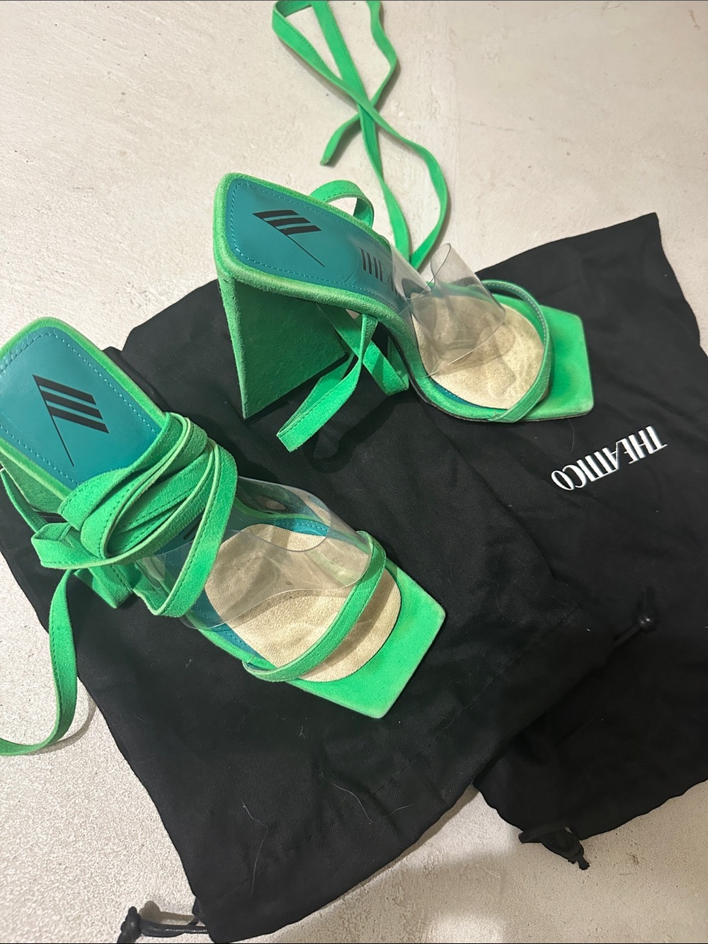 The Attico Lime Green Lace-Up Square-Toe Block Heel Sandals